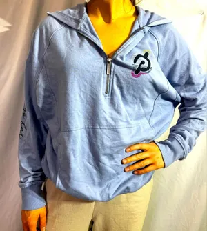 Peloton hoodie (t-shirt like material) blue with hood and front zip size Medium thumbnail 1