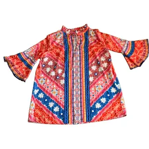 Umgee Orange Multicolor Bohemian Peasant Bell Sleeves Dress/Tunic Keyhole Large thumbnail 2