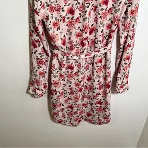 Women's‎ Button Down Shirt Dress Light Pink Rose Floral Belted Long Sleeve Roll thumbnail 11