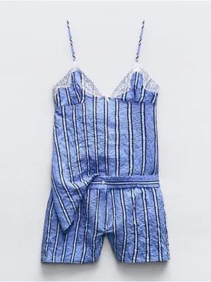 NWT Zara Wrinkle effect short striped Lace trim jumpsuit. Size Small‎ thumbnail 3