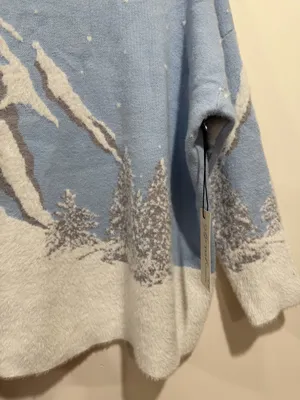 Rachel Zoe Blue White Mountain Snowy Winter Fuzzy Sweater Size 2x thumbnail 5