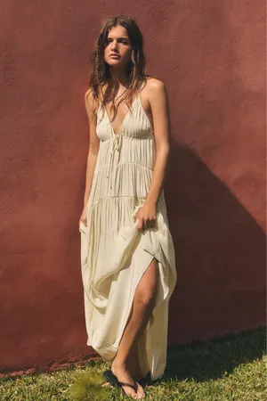 Zara Butter Pale Yellow Spaghetti-Strap Maxi Dress Bohemian Flowy Summer thumbnail 2