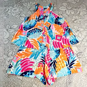 Lilly Pulitzer Edona Romper Goombay Smashed Pink Blue Orange Sz 00💛 thumbnail 5