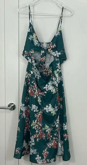 Medium Green, White Floral Tie Front Faux Wrap Midi Dress thumbnail 7