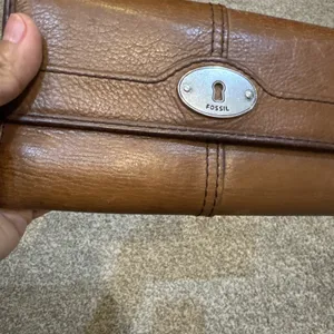 Fossil Brown Leather Continental Wallet Turn Lock Zip Coin Pocket‎ Trifold thumbnail 2