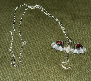 Silver Dragon Wing Pendant Necklace with Red Accent - Women Jewelry thumbnail 1