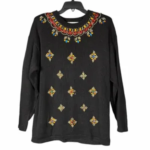 VTG 80s 90s Black Beaded Sweater Size Large Jeweled Embellished Statement Glam thumbnail 2