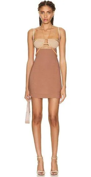 Nensi Dojaka Draped Double Bra Mini Dress in Caramel & Sable Small New Womens thumbnail 1