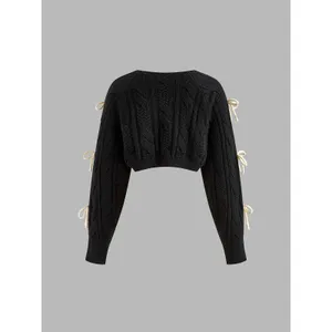 Commense Bow Knotted Cropped Cable Knit Cardigan Girly Cozy Black NWT XL thumbnail 3