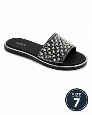 JERKO Faux Pearl & Rhinestone Black Slide Sandals - Size thumbnail 2