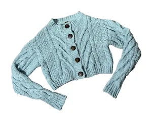 Free People Cable Knit Cropped Cardigan Womens XS Blue OB885094 Sweater thumbnail 1