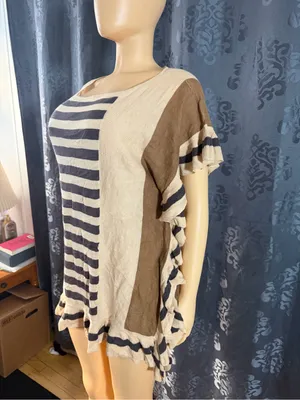 V Cristina Cream & Brown Striped Ruffle Sleeve Tunic thumbnail 3