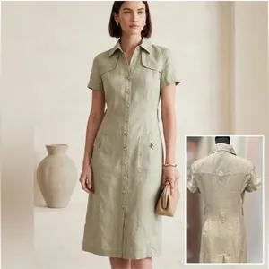 Anne Klein A-Line 100% Linen Safari Shirt Dress Khaki Green Utility Midi Size 4 thumbnail 2