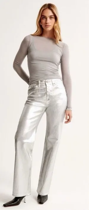 Abercrombie & Fitch Curve Love Vegan Leather 90s Straight Pant Metallic Silver 6 thumbnail 1