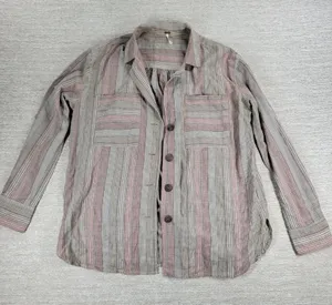 Free People High Tide Shirt XS Tan Pink Womens Striped Oversized Button Up Boho thumbnail 1