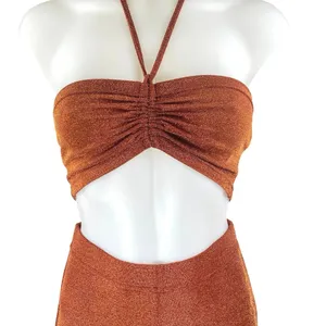 Beginning Boutique Stassie Brown Metallic Glitter Halter Top Flare Pants Set 8 thumbnail 4