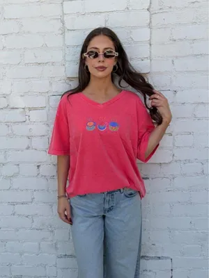Pink vintage 90s fresh produce graphic tee with three cartoon coffee cups Sz XL #oversized #retro #coffee #hippie thumbnail 2
