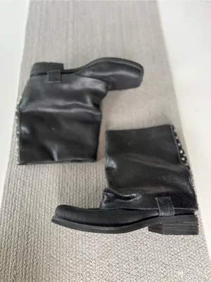 ENVY Fun Police Black Leather Foldover Mid Calf Moto Biker Boots Silver Studs thumbnail 11