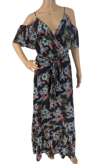Ann Taylor Loft Floral Cold Shoulder Maxi Dress Navy Blue‎ Large Wrap Tie Waist thumbnail 1