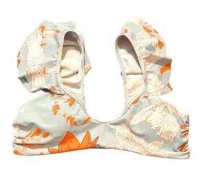 Womens Size Medium Bikini Top Light Blue White Orange Floral Birds Ruffle Straps thumbnail 1