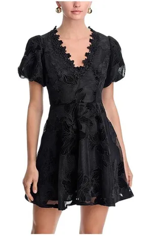 NWT Aqua Womens Lace Puff Sleeve Mini Dress IDM12303 Black M thumbnail 1