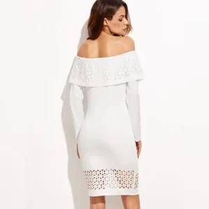 White Laser Cutout Off The Shoulder Ruffle Dress thumbnail 2