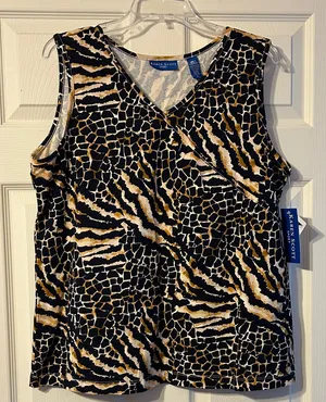 NWT Karen Scott Sport Zebra and Giraffe Print Tank Top - Black Tan XL thumbnail 1