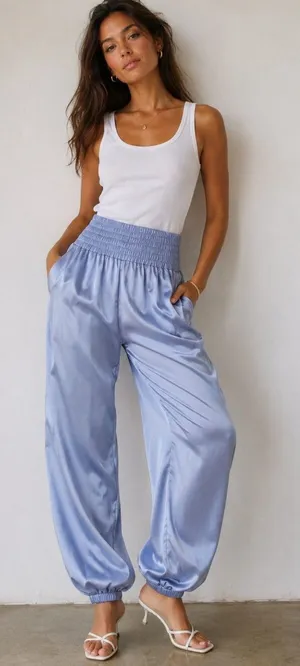 Zara Light Blue Satin Track Pants thumbnail 1
