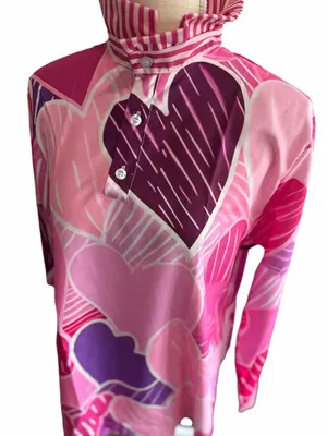 Women's Long Sleeve Pink Heart Theme High Ruffle Neck Blouse Size L #260864 thumbnail 3