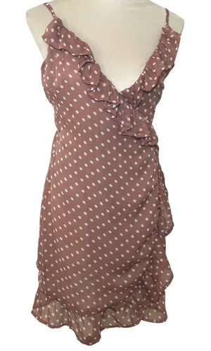 Lioness Polka Dot Ruffle Mini Wrap Dress Mauve Brown Size Medium boho classic thumbnail 1
