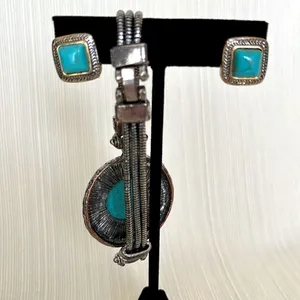 Boho Western Faux Turquoise Bracelet and Gold and Silver Tone Earrings thumbnail 2