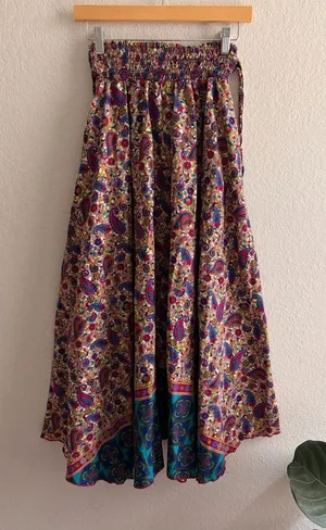 Handmade Boho Paisley Wide Leg Palazzo Pants Smocked Waist Floral Border XS/S thumbnail 1