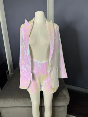 Women’s Iridescent White Sequin Shorts Suit Set Party Festival Size L NWT thumbnail 6