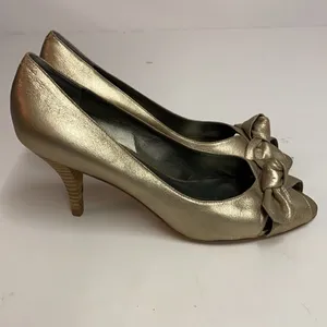 Jessica‎ Simpson Gold Metallic peep Toe Heels Shoes A10 thumbnail 7