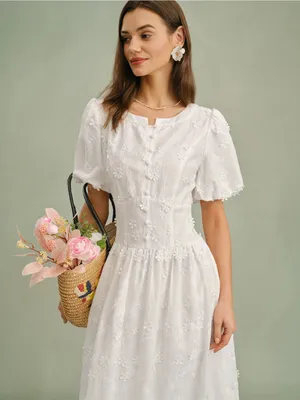 Rihoas White Round Neck Floral Midi Dress thumbnail 2