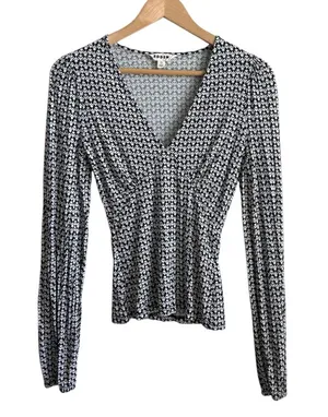 Boden Black White Geometric Floral V-Neck Blouson Sleeve Top Size 4 thumbnail 1