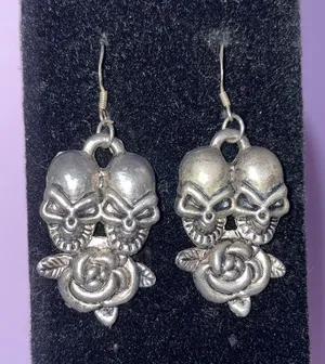 Vintage Silver Double Skull and Rose Dangle Earrings Goth Grunge Punk Witchy thumbnail 1