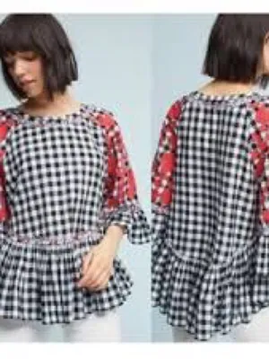 Anthropologie Panknj & Nidhi Tunic Women Medium Black Gingham Red Floral Peplum thumbnail 4