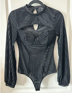 Lulus Black Cat Woman Cutout Padded Velour Striped Going Out Bodysuit Women's Sz thumbnail 1