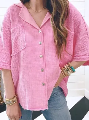 POL Short Sleeve Button Up Bubblegum Pink thumbnail 1