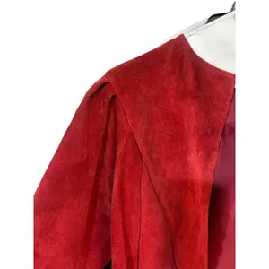 VTG 80s Suede Leather Jacket M Red Open Front Pleated Shoulder Bold Chic Casual thumbnail 7