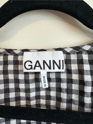 Ganni Seersucker Check Plaid Balloon Sleeve Blouse Womens 36 4 Black White thumbnail 5