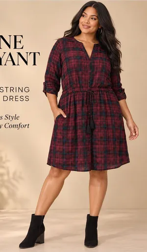 NWT Lane Bryant Plaid Drawstring Waist Dress Burgundy Black Size 18 thumbnail 1