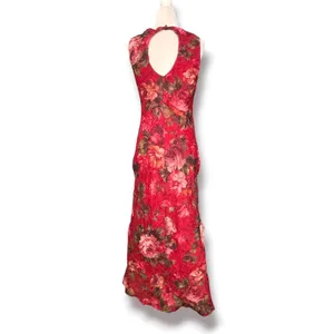 Vintage Red Floral Crinkle Maxi Dress Sleeveless Open Keyhole Back Romantic thumbnail 7