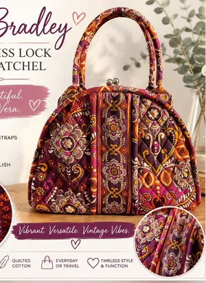 Vera Bradley Quilted Kiss Lock Frame Satchel Purple Pink Floral Paisley Shoulder thumbnail 1