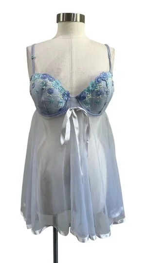 Source Unknown Y2K Fairycore Blue Sheer Babydoll Lingerie Dress Embroidered Mesh Y2K‎ M thumbnail 1