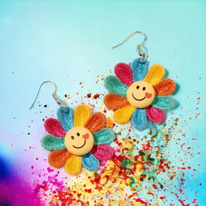 Rainbow Color Sunflower Smiling Face Design Dangle Earrings‎ Cute Knit Style thumbnail 2