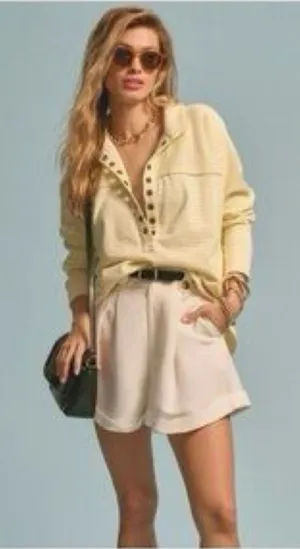 Pilcro Anthropologie Oversized Striped Henley Top Yellow White NWT Size L thumbnail 1