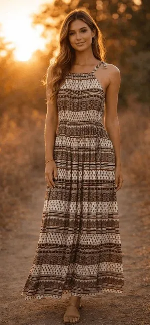 I Love H81 Long Maxi Brown Ivory Pattern Boho Halter‎ Neck Dress Small thumbnail 1