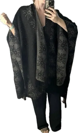 Fuzzy Oversized Layering Ruana Wrap Black Gray Floral Boho Fringe Cape Shawl OS thumbnail 2